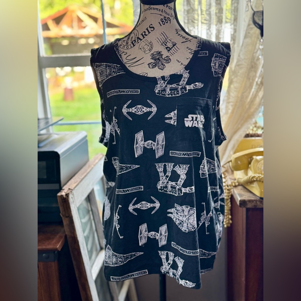 Star Wars Black Tank Top with White Spaceship Graphics